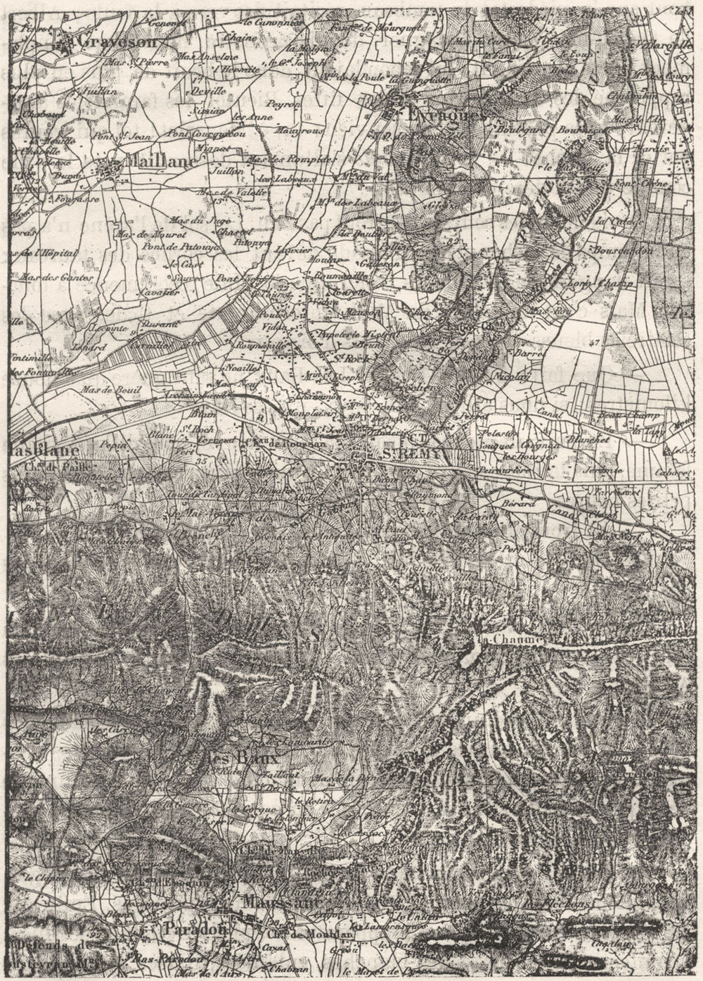 VAUCLUSE. Avignon. Maillane, St-Remy, Baux, d'apres l'Etat-Maj, sketch map 1880