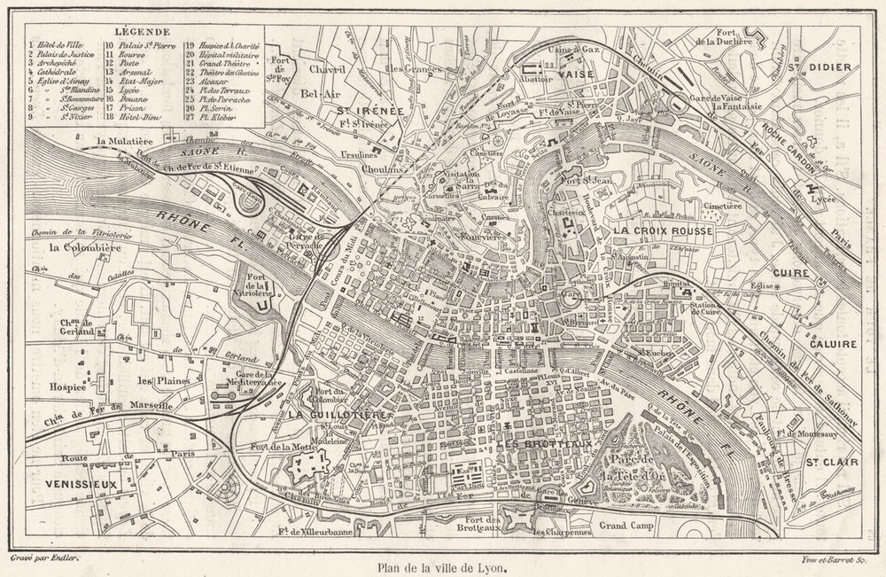 RHÔNE. Avignon. Plan de la ville de Lyon 1880 old antique map chart