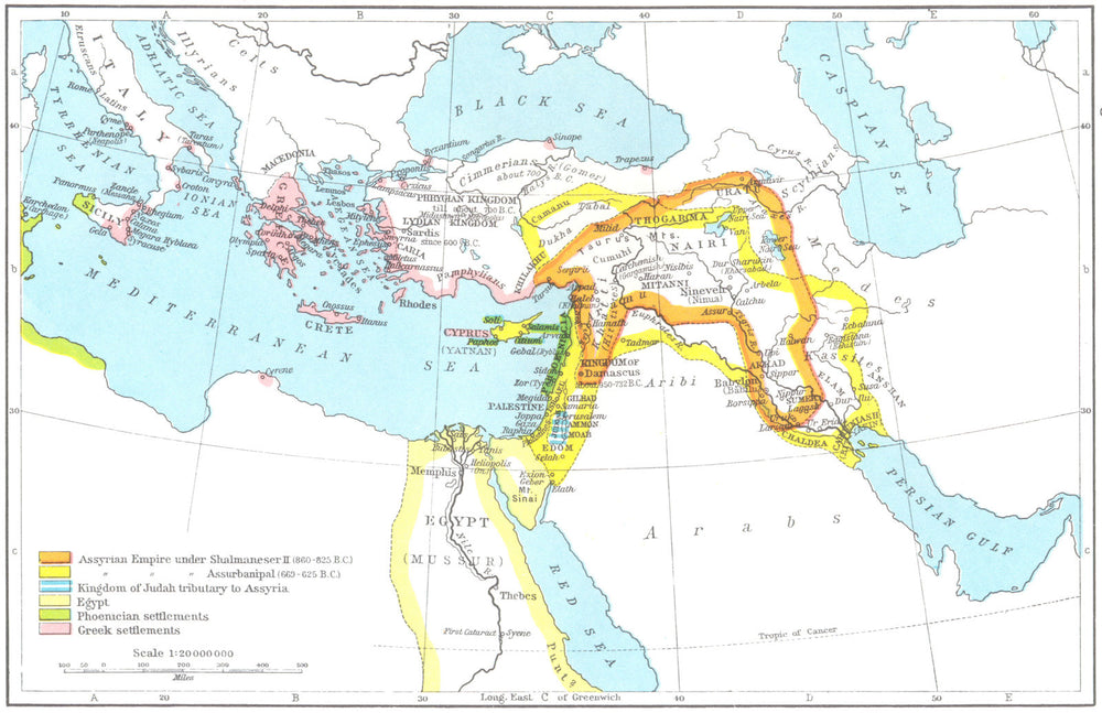 IRAQ. Assyrian Empire & Region about Eastern Mediterranean, 850-625 BC 1956 map