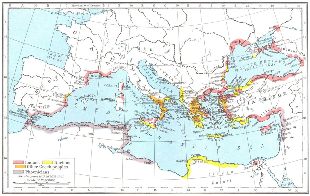 EUROPE. Greek & Phoenician Settlements, Mediterranean Basin, c.550 BC 1956 map