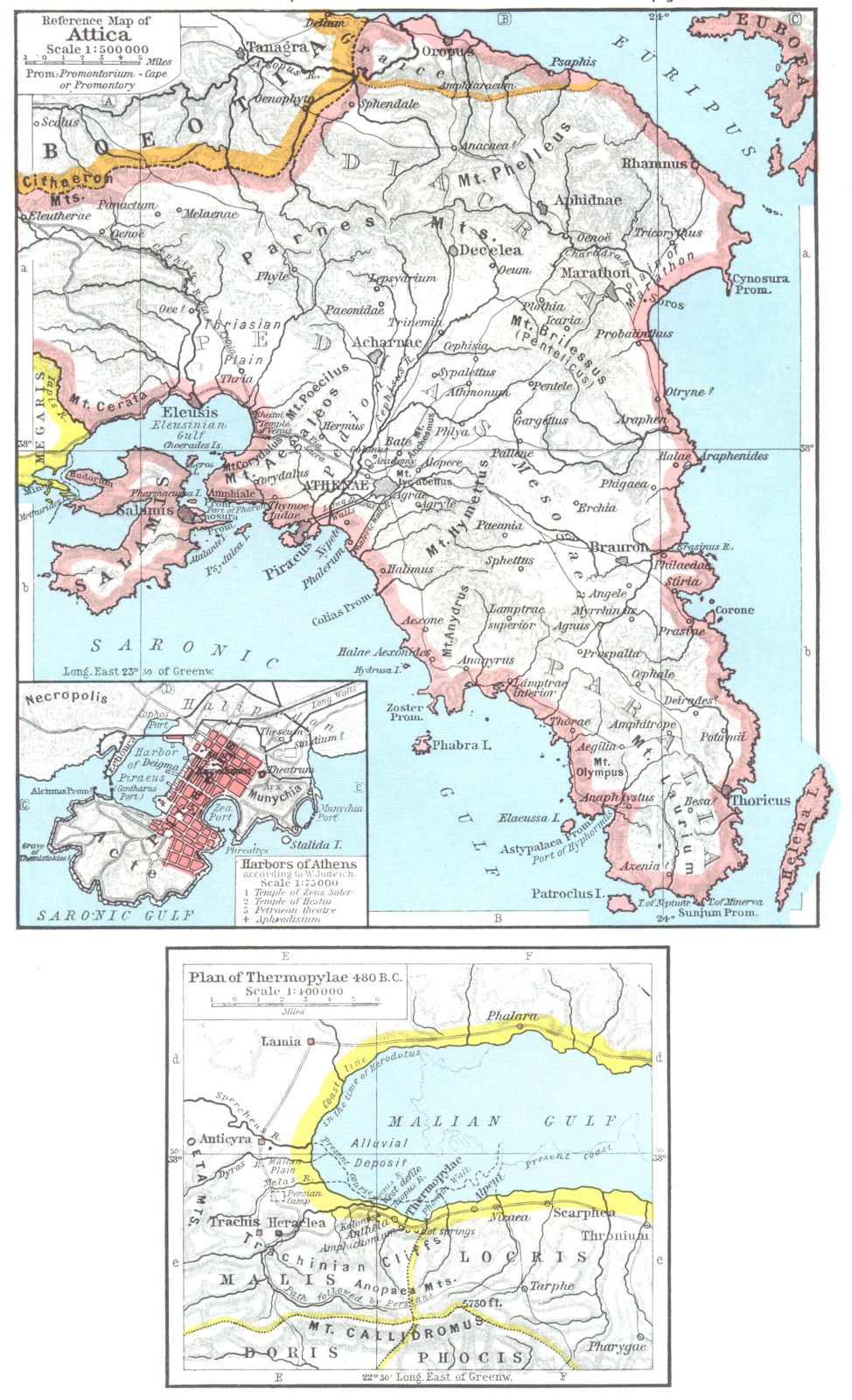 GREECE. Map of Attica; Insets. Harbors Athens; plan Thermopylae, 480 BC 1956