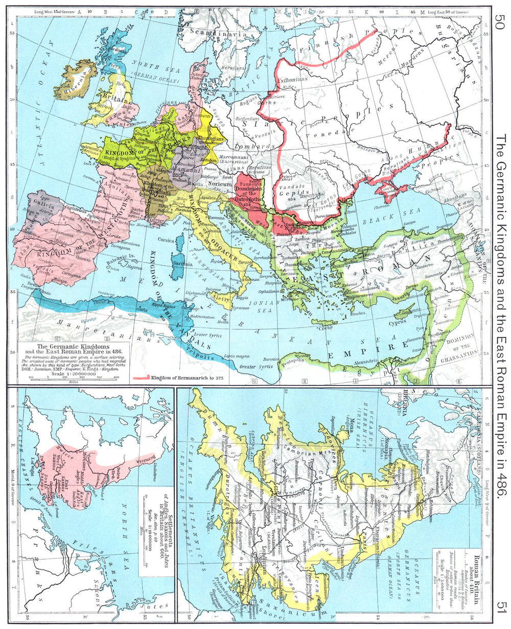 GERMANIC KINGDOMS ROMAN EMPIRE. In 486; Britain; Angles, Saxons Jutes 1956 map