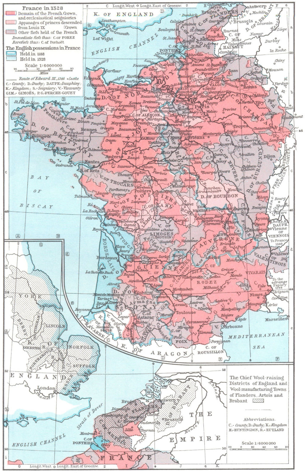 FRANCE IN 1328. Wool farming UK, manufacturing Flanders Artois Brabant 1956 map