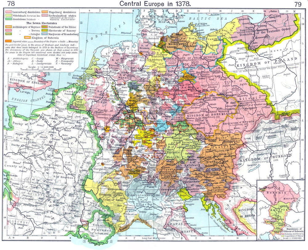 EUROPE. Central in 1378; map of Dominions Ottocar Bohemia 1956 old vintage
