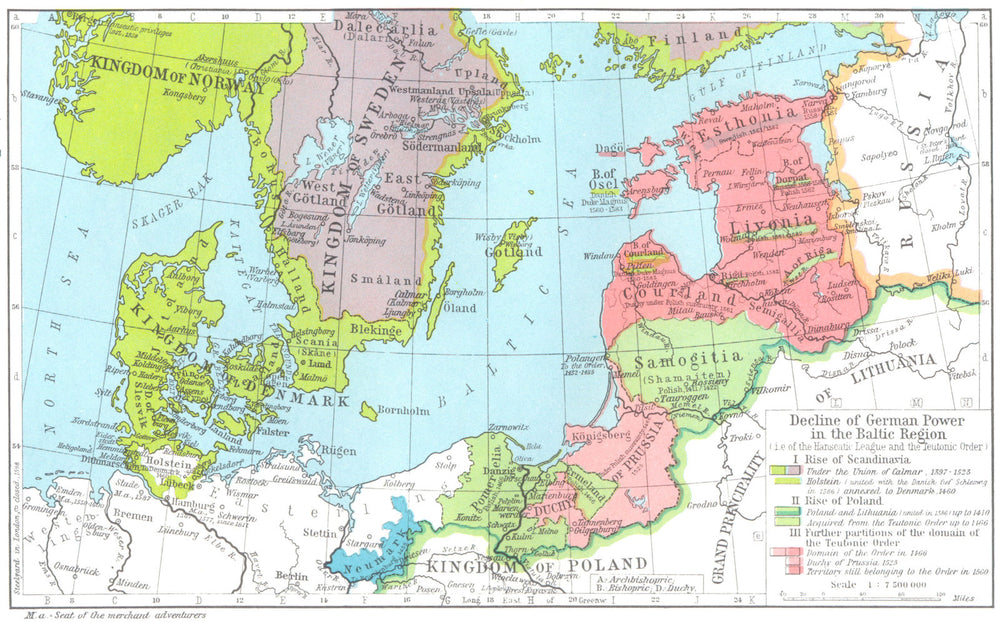 SCANDINAVIA. Decline of German power, Baltic Region, 1380-1560 1956 old map