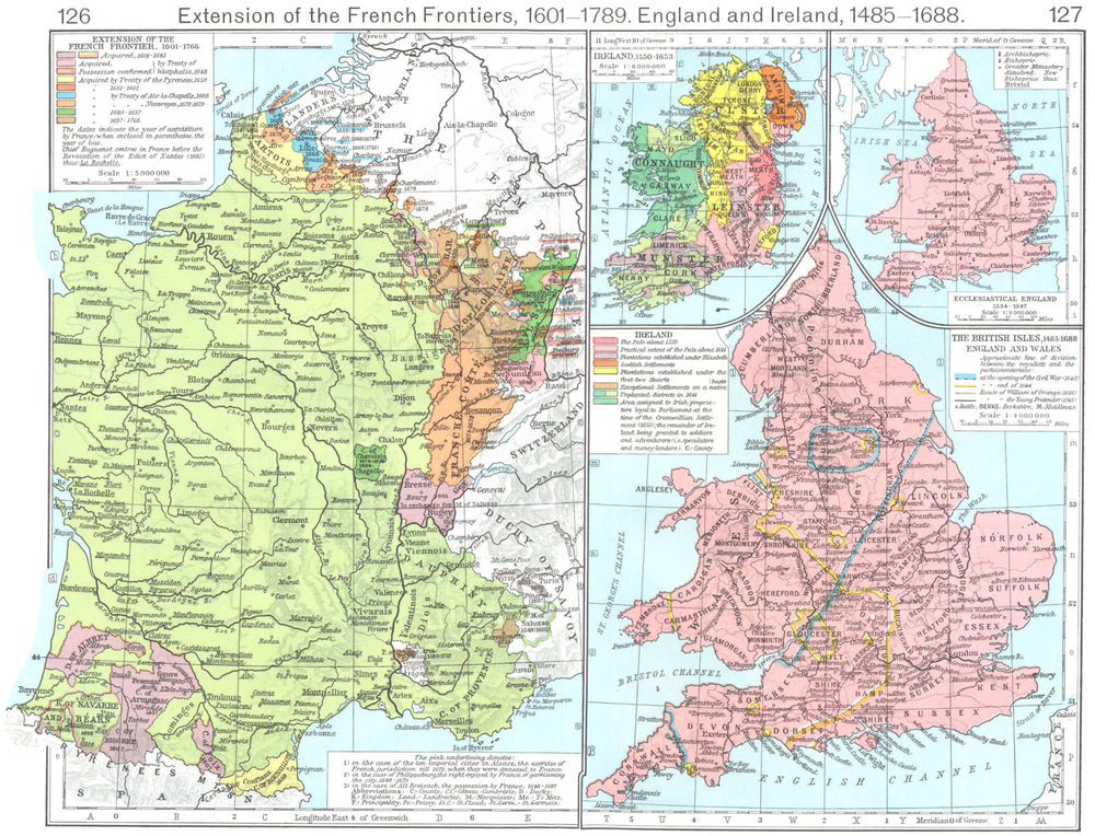 FRANCE. Frontiers, 1601-1766; British Isles, 1485-1688; Ecclesiastical 1956 map