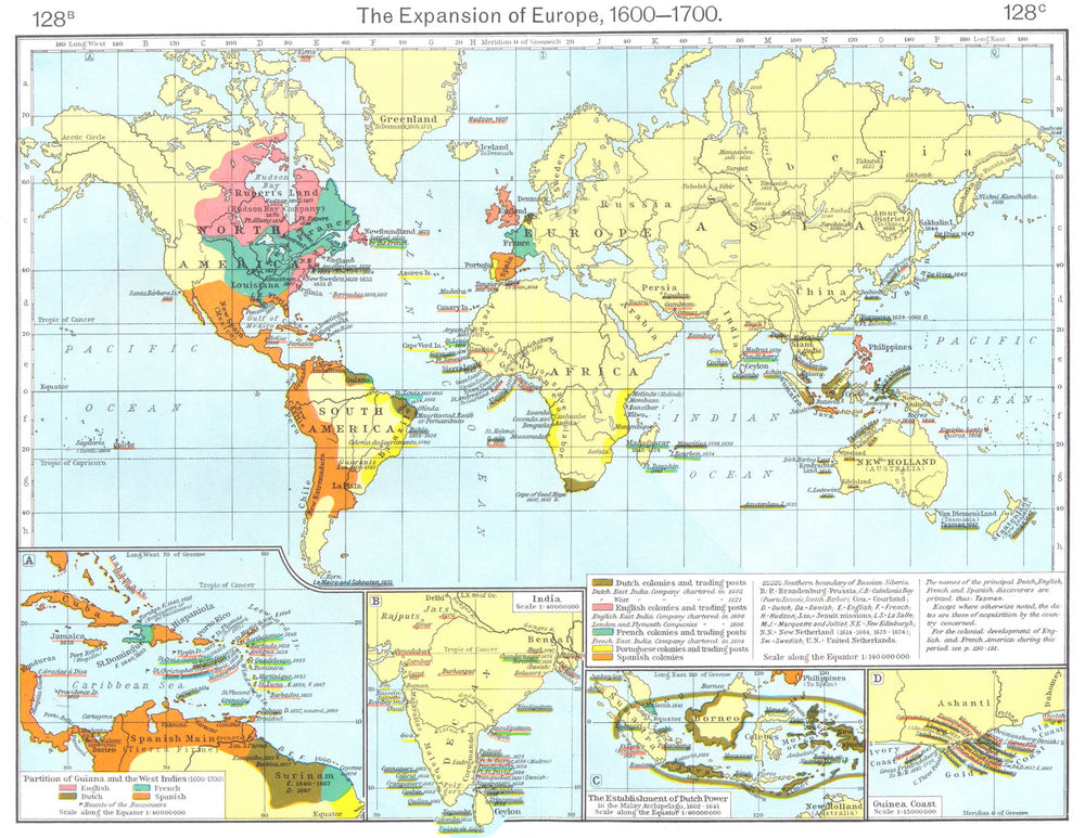 EUROPEAN COLONISATION. 17C Guyana West Indies India Indonesia Guinea 1956 map