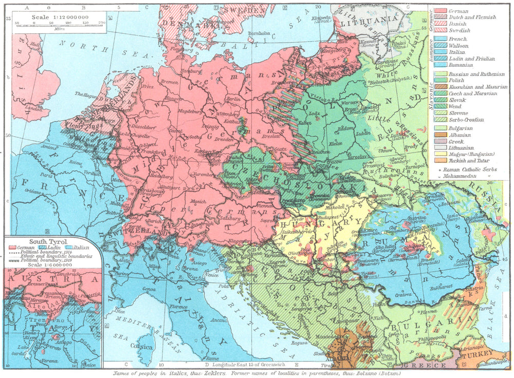 EUROPE. Peoples of Central in 1929; map south Tyrol 1956 old vintage chart