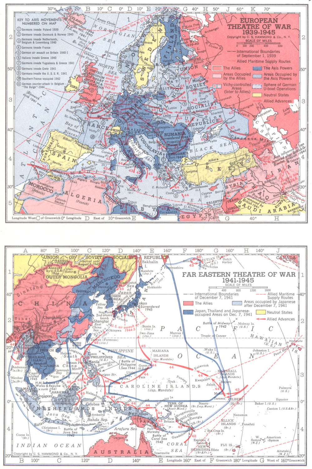 EUROPE. European Theater of War, 1939-1945; Far Eastern 1956 old vintage map