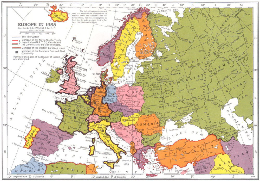 EUROPE. Europe in 1955 1956 old vintage map plan chart