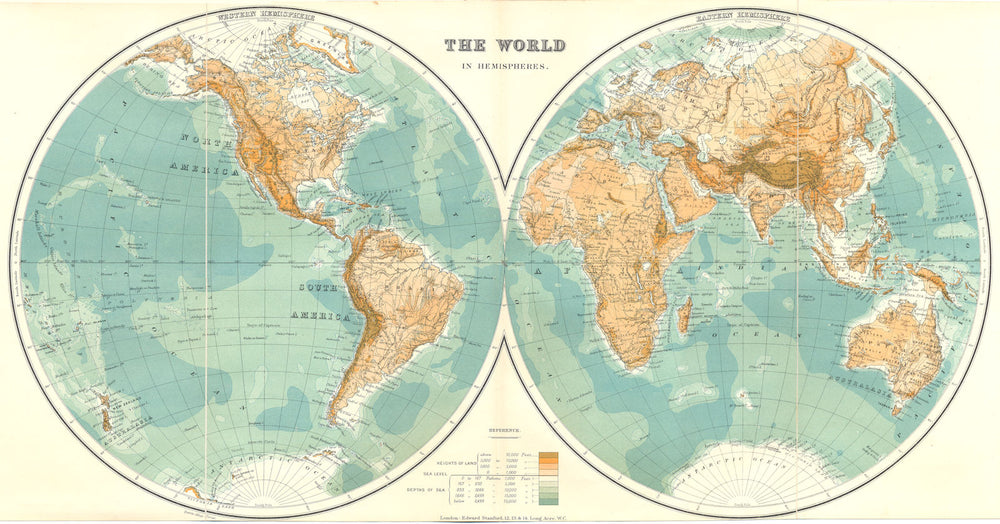 WORLD. The World in Hemispheres. Relief. Ocean depths. STANFORD 1906 old map