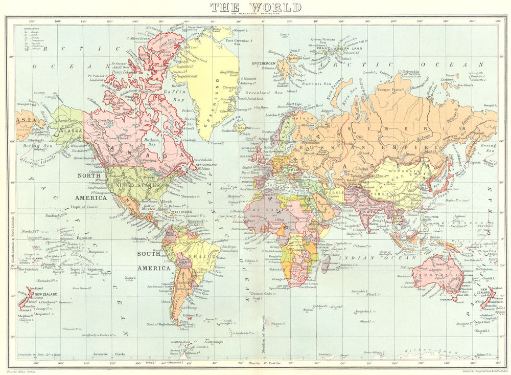 WORLD. The World, on Mercator's Projection. Political. STANFORD 1906 old map