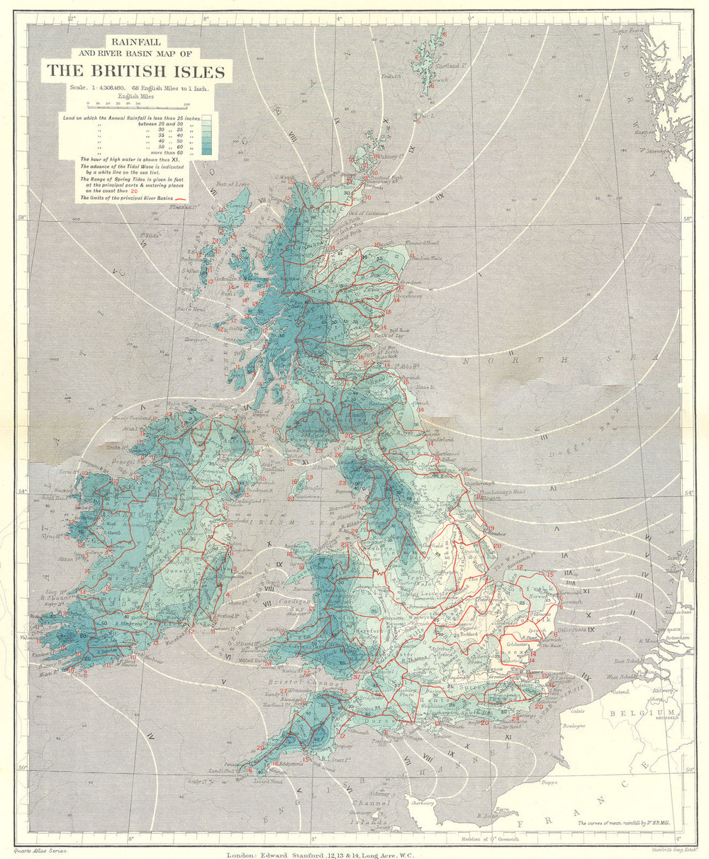BRITISH ISLES. Rainfall river basins/watersheds cotidal lines.STANFORD 1906 map