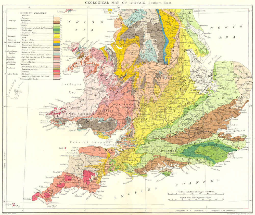 UK GEOLOGICAL. Southern Sheet. England & Wales. STANFORD 1906 old antique map