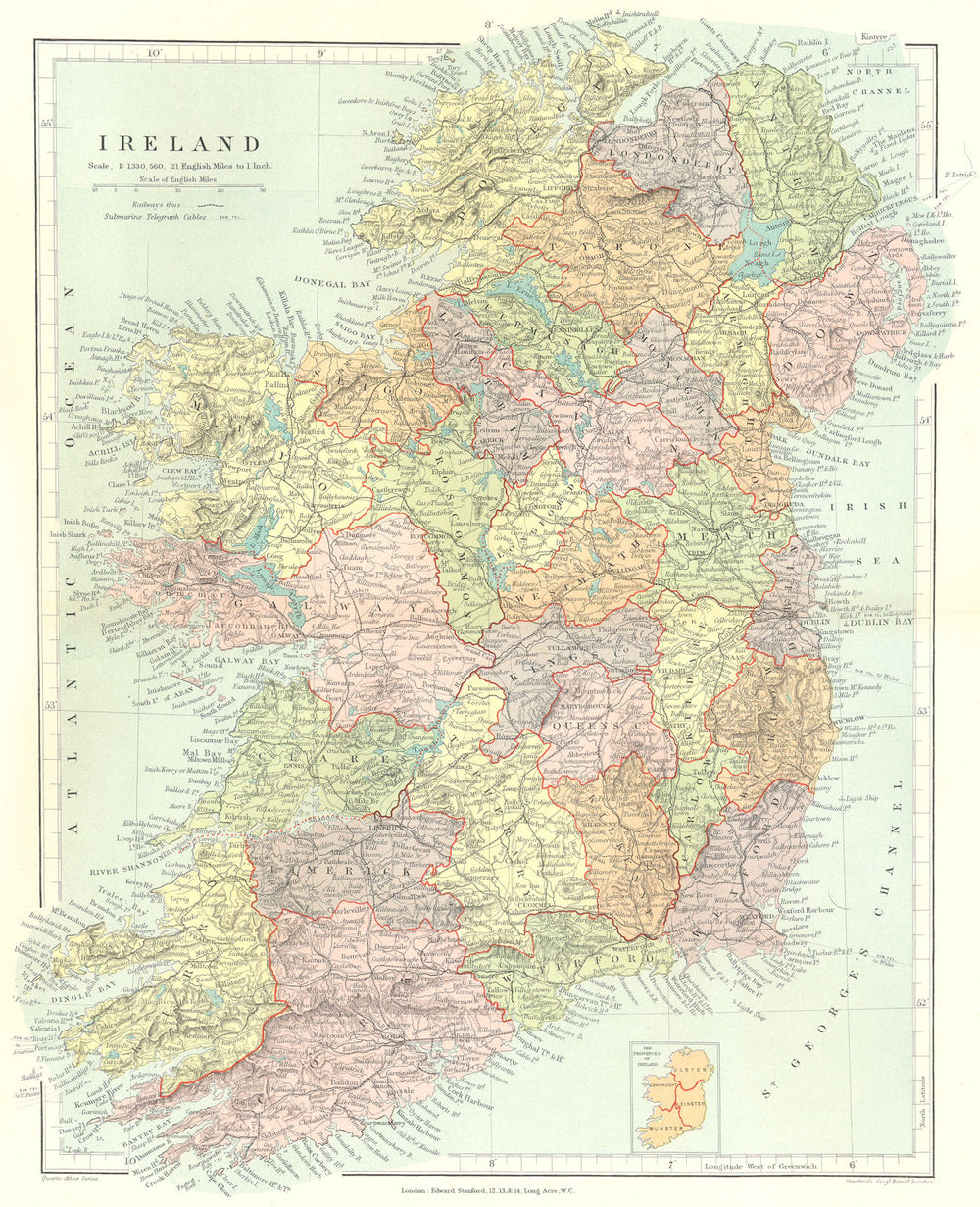 IRELAND. Showing counties, railways & towns. STANFORD 1906 old antique map