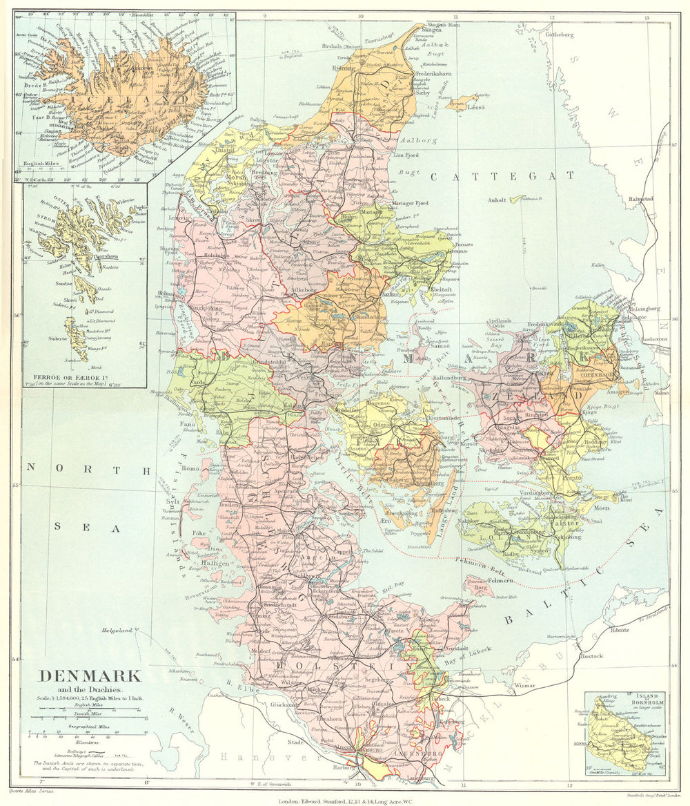 DENMARK. Shows all of Schleswig as German. Iceland. STANFORD 1906 old map