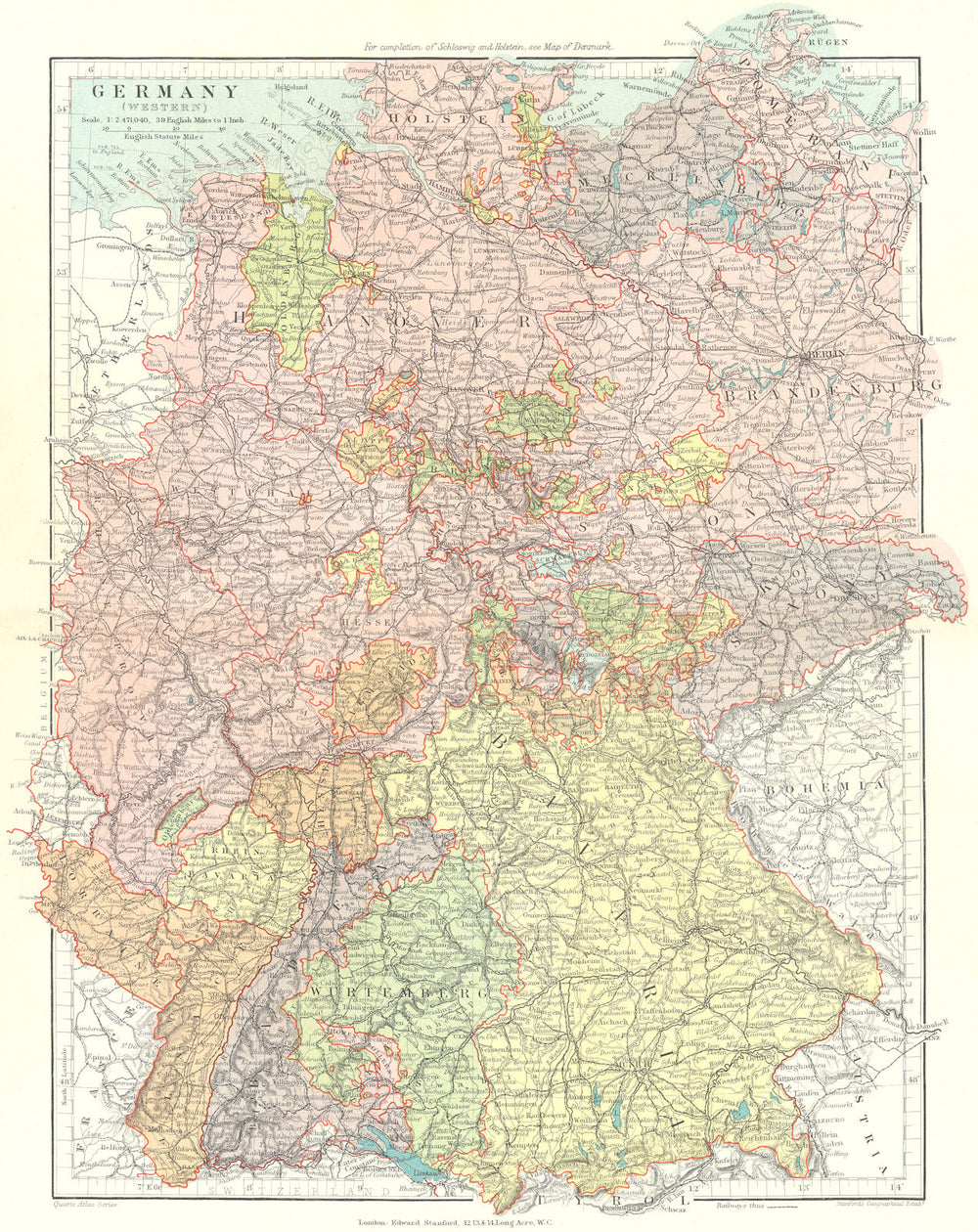 WESTERN GERMANY. Incl. Alsace Lorraine. Bavaria Hanover &c. STANFORD 1906 map