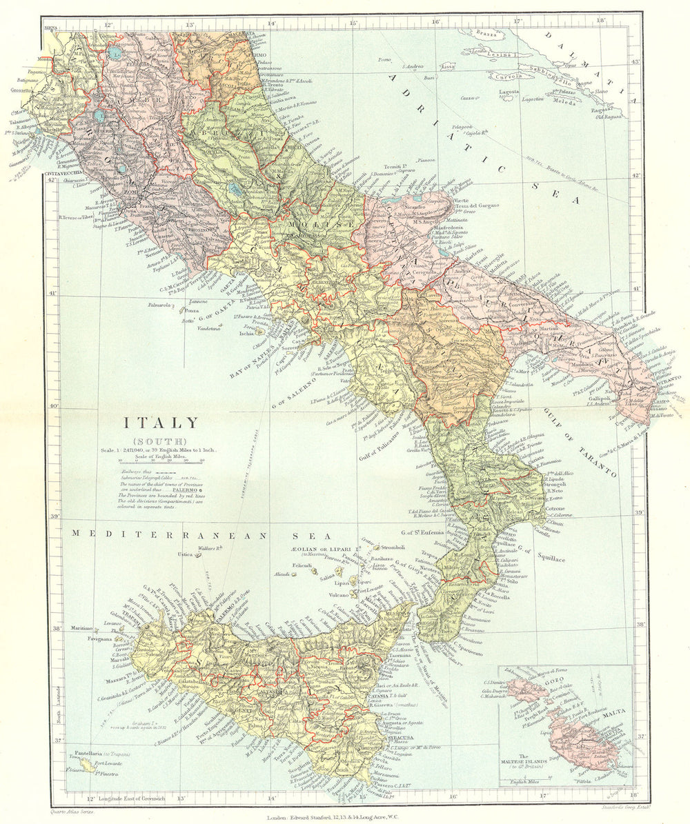 SOUTHERN ITALY. Showing provinces & compartmenti. Inset Malta.STANFORD 1906 map