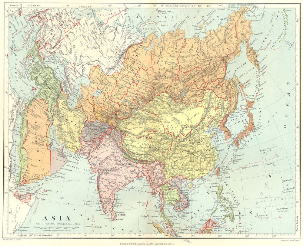 ASIA. Russia China British India Oman Arabia Persia Siam. STANFORD 1906 map