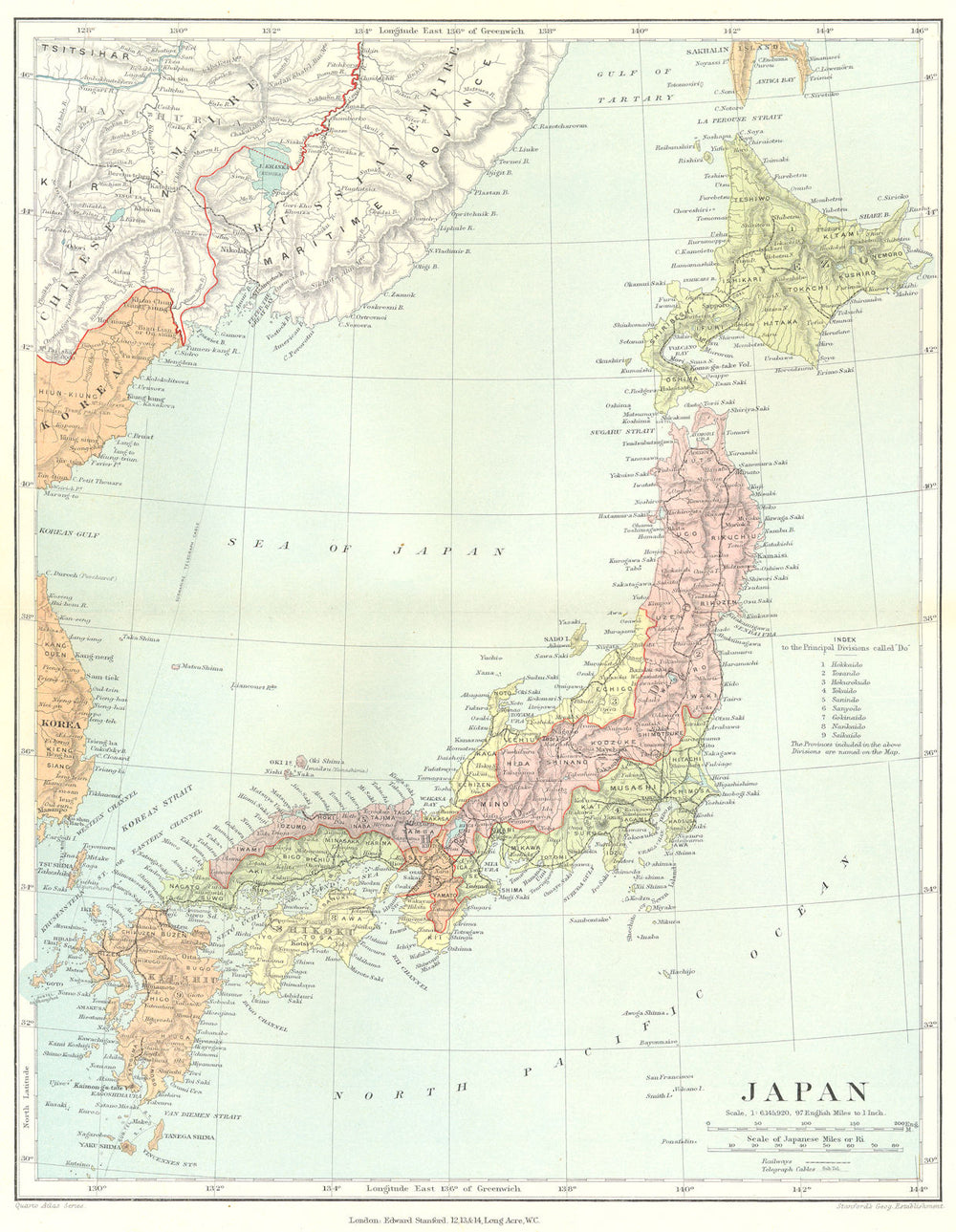 JAPAN. showing divisions. STANFORD 1906 old antique vintage map plan chart