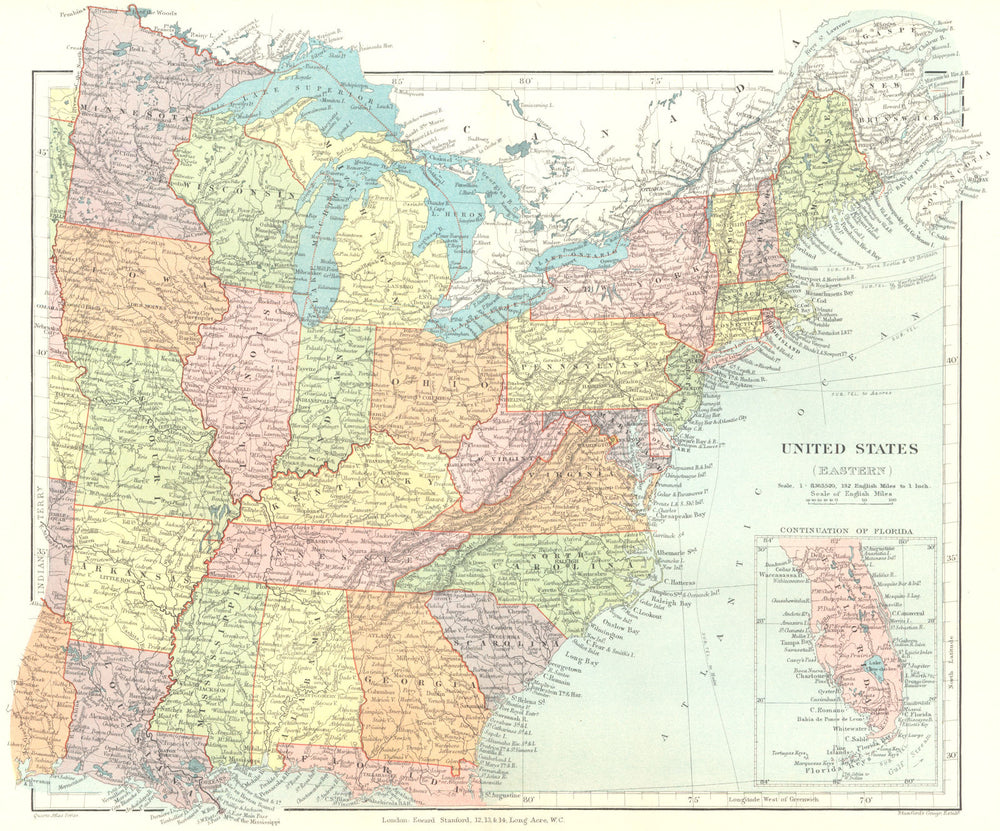 USA EAST. Atlantic States New England Mid West Deep South. STANFORD 1906 map