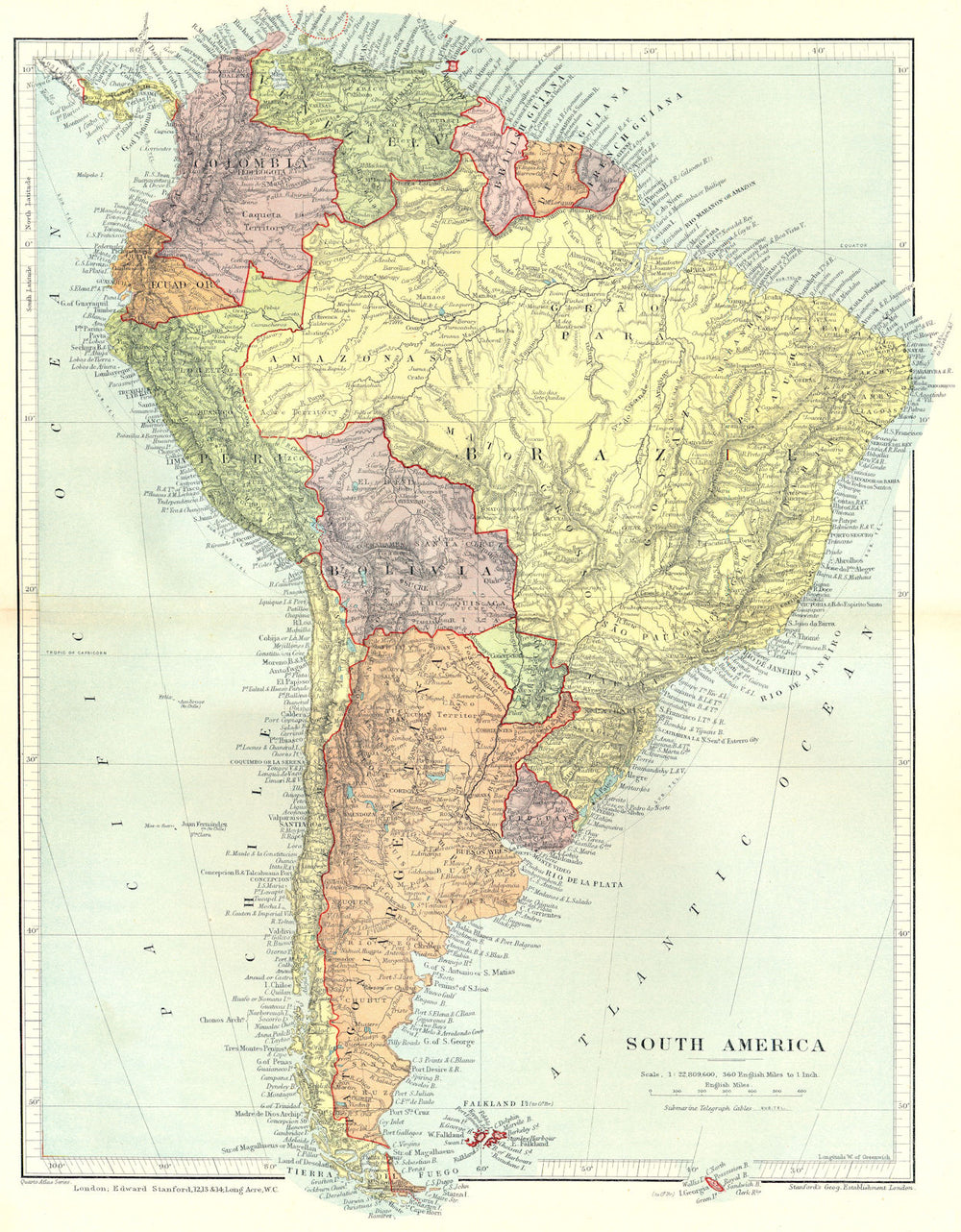 SOUTH AMERICA. Political. STANFORD 1906 old antique vintage map plan chart