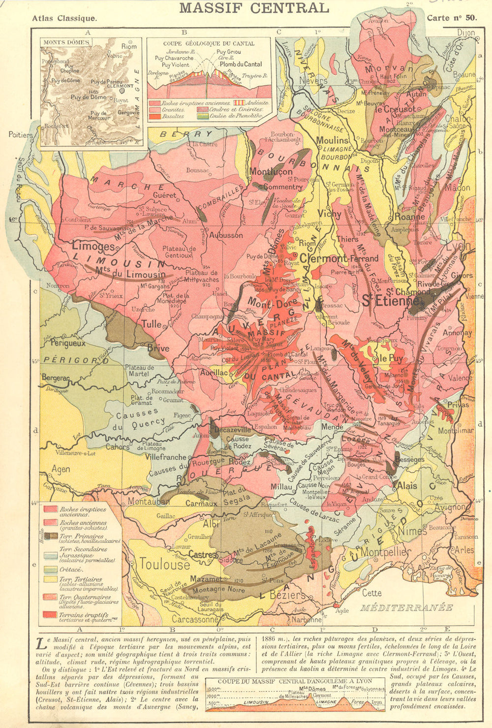 CANTAL. Massif Central; map of Monts Domes; Coupe Geologique du 1923 old
