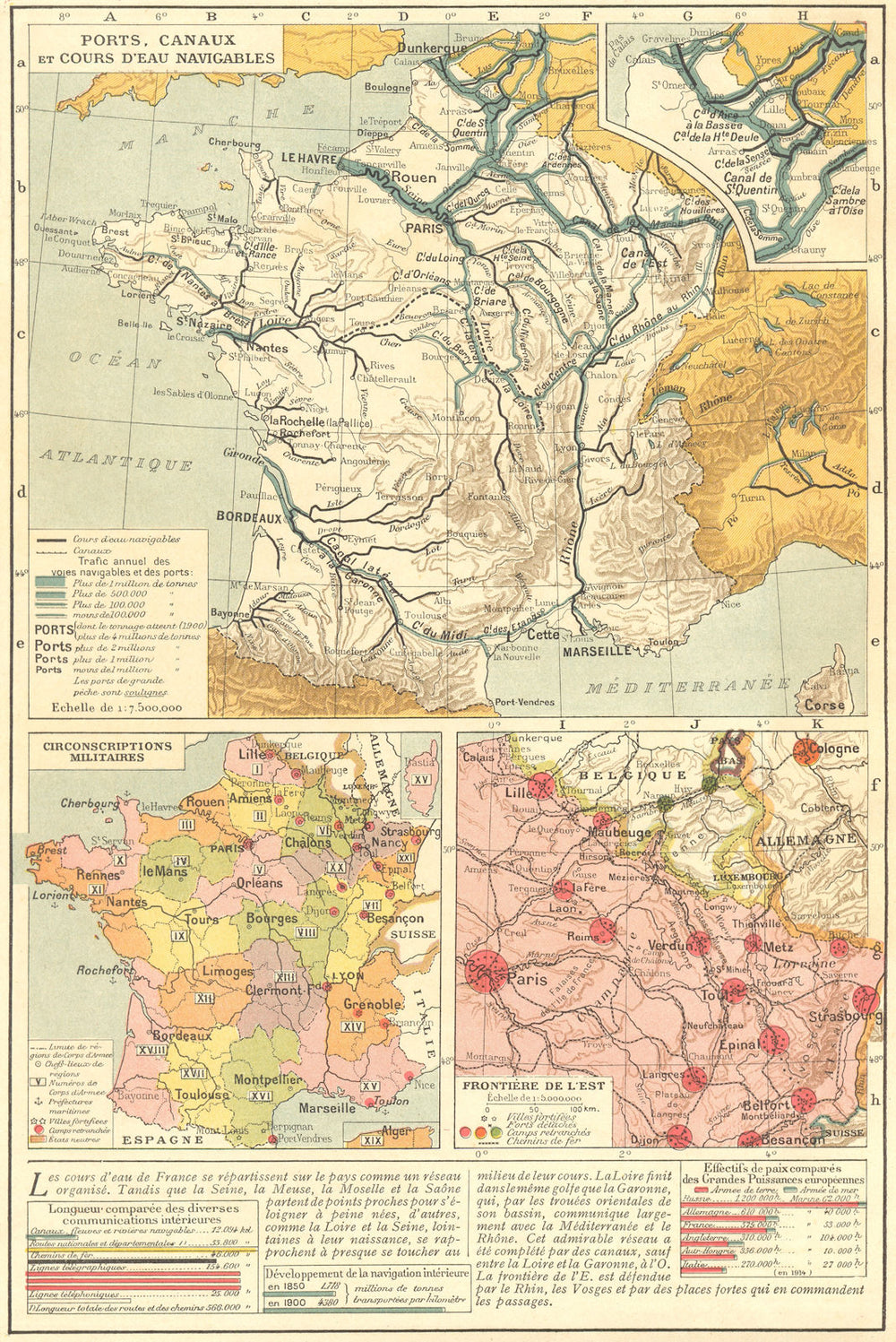 FRANCE. Waterways, military districts, Eastern Border 1923 old antique map