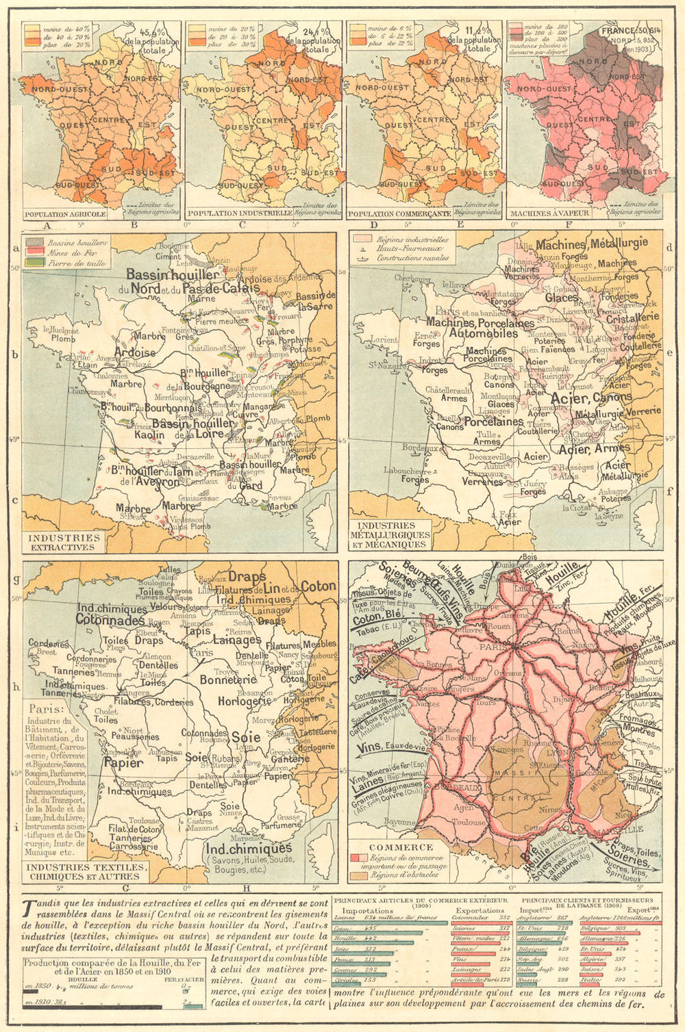 FRANCE. Industry Mining Metal Engineering Textile Chemical Agriculture 1923 map