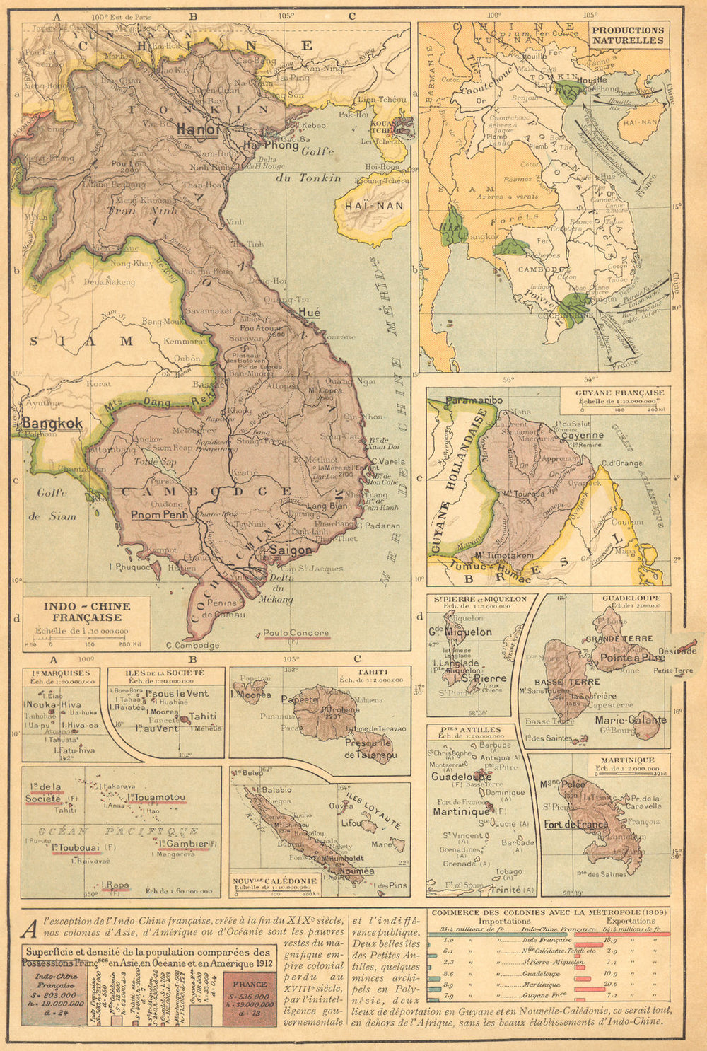 FRENCH COLONIES. Indochina Polynesia Guadeloupe Antilles Martinique 1923 map