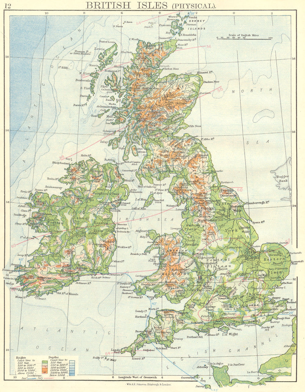 UK. British Isles(Physical) 1897 old antique vintage map plan chart