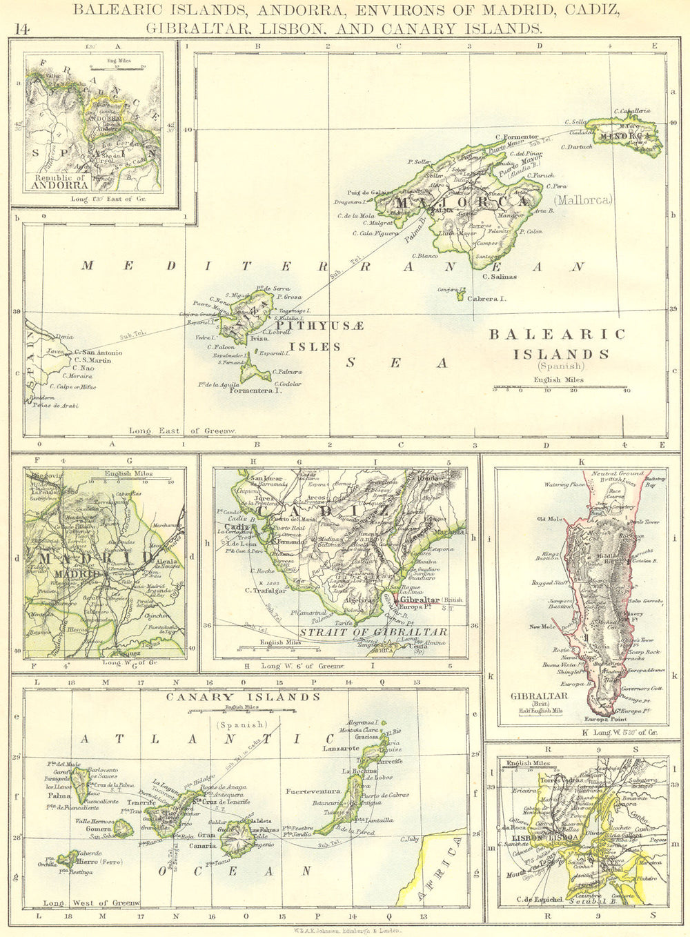 SPAIN. Balearics; Andorra; Madrid; Cadiz; Gibraltar; Lisbon; & Canary 1897 map