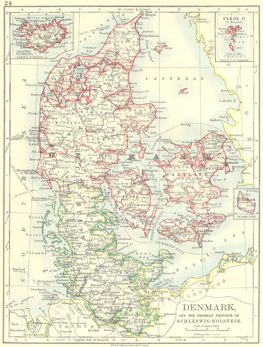 DENMARK. Prussian Schleswig-Holstein; Iceland; Bornholm 1897 old antique map