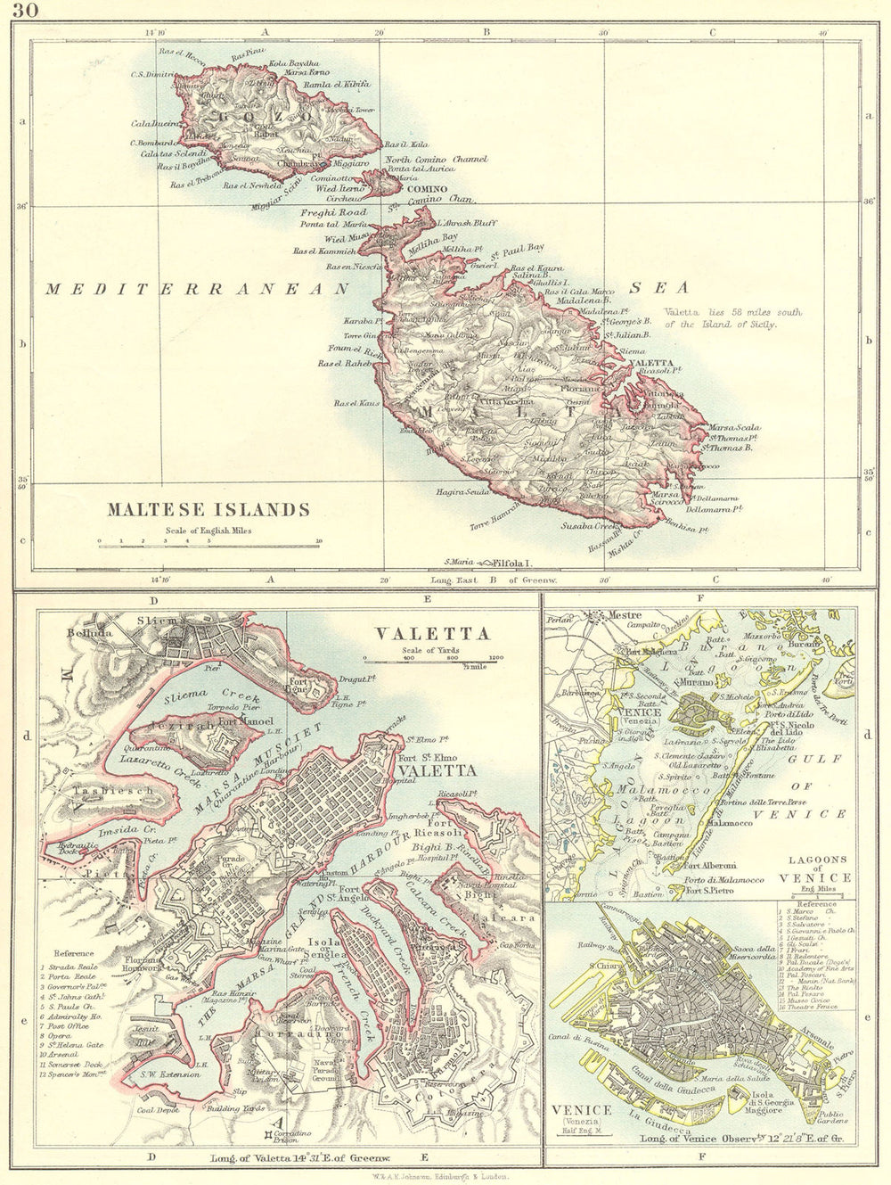 MALTA. Maltese Islands; Valetta; Lagoons of Venice; (Venezia) 1897 old map
