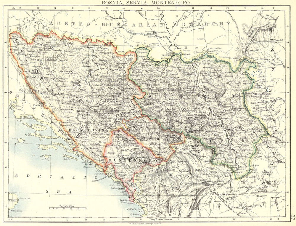 BOSNIA. Bosnia, Servia Serbia, and Montenegro 1897 old antique map plan chart
