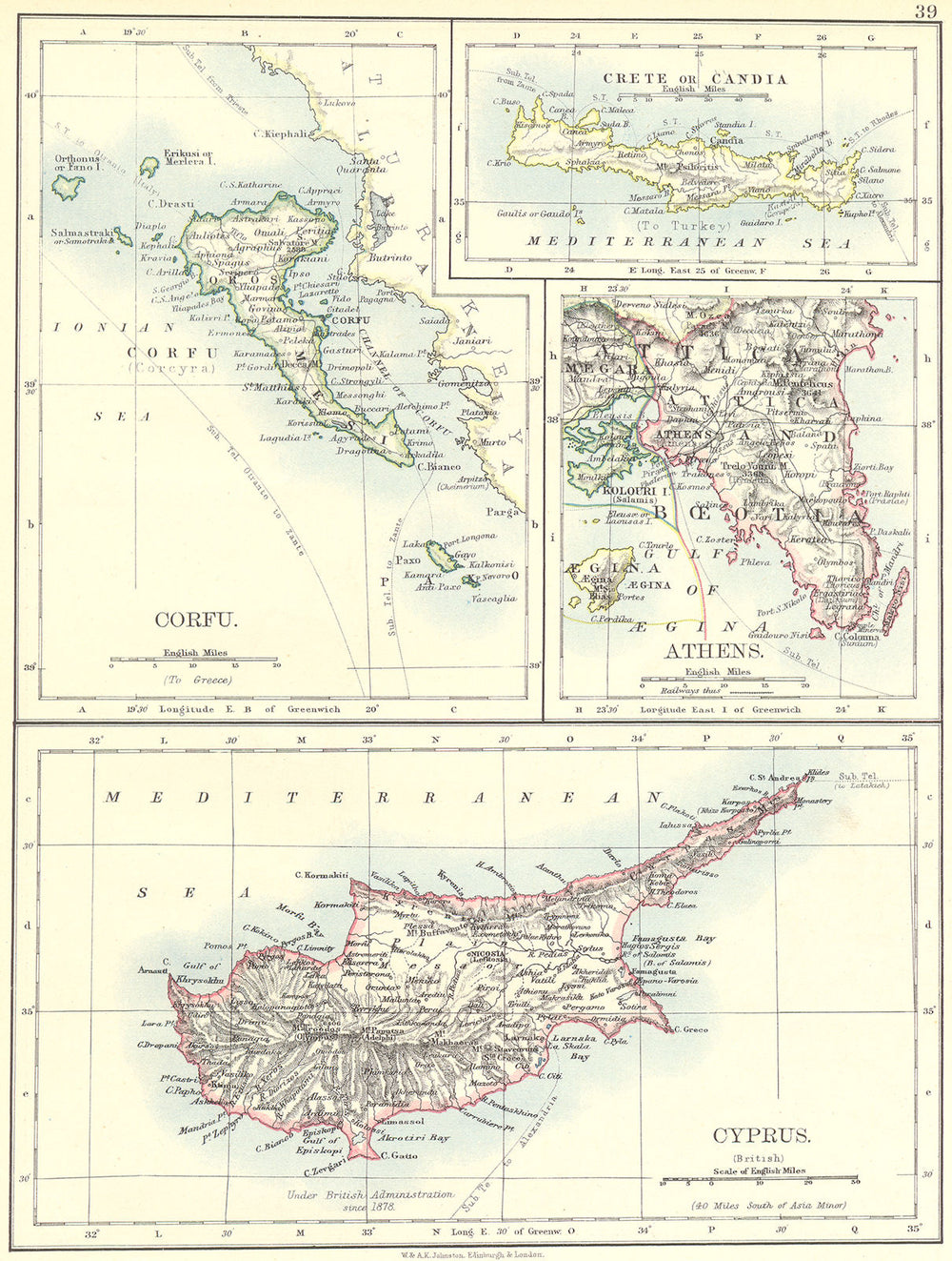 GREECE. Corfu; Crete or Candia; Athens; Cyprus 1897 old antique map plan chart