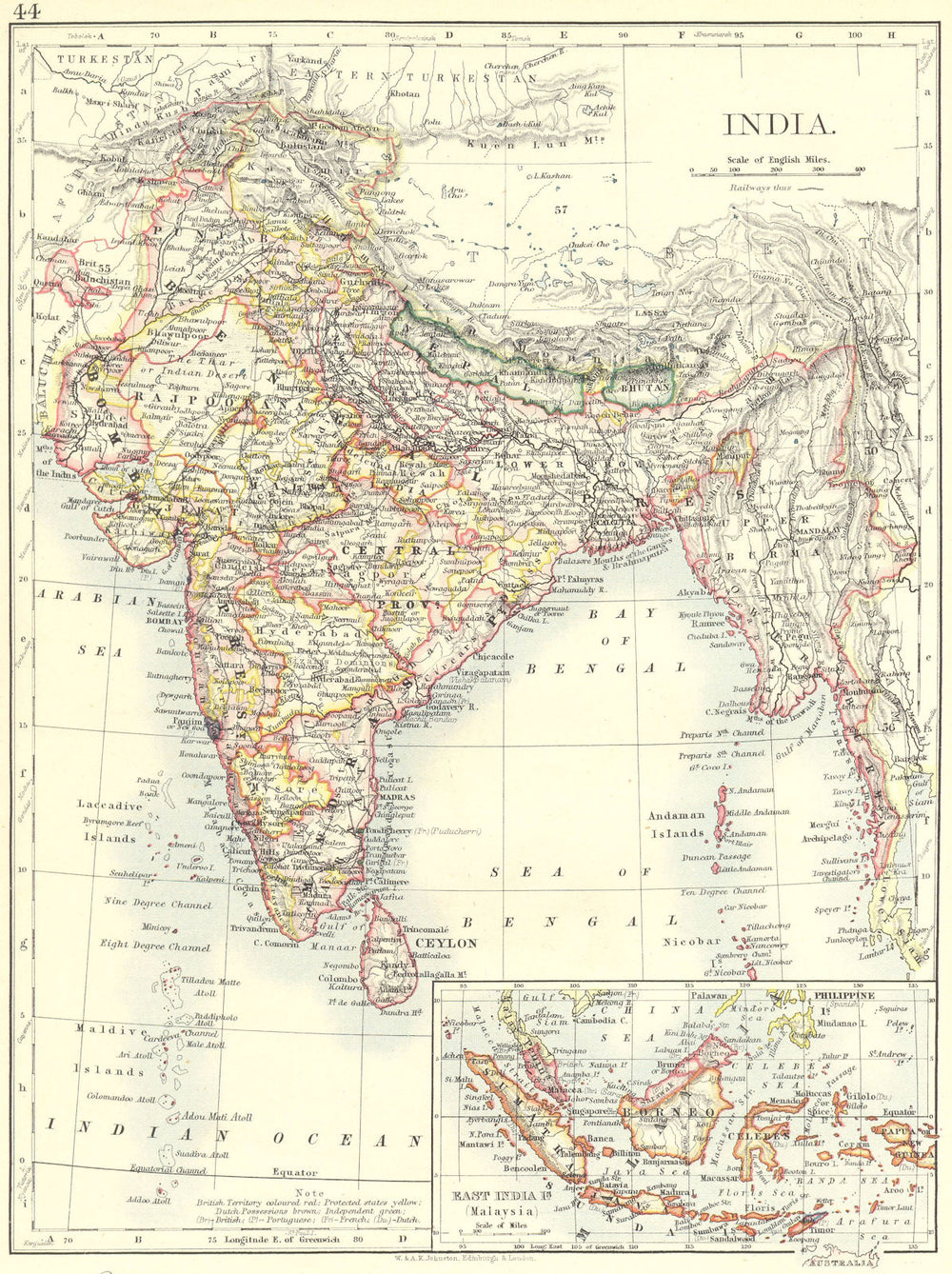 INDIA. India; Inset map of East India Malaysia Indonesia 1897 old antique