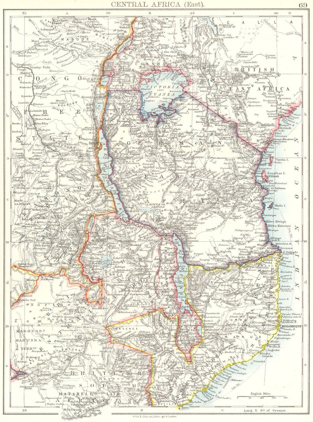 CENTRAL AFRICA. Tanzania Kenya Uganda Congo Mozambique Zambia Zimbabwe 1897 map