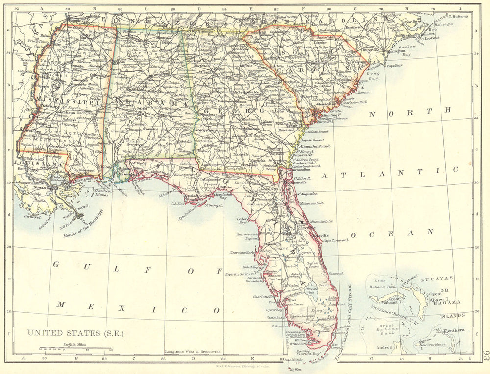 USA. South East. Florida Georgia South Carolina Mississippi Alabama 1897 map