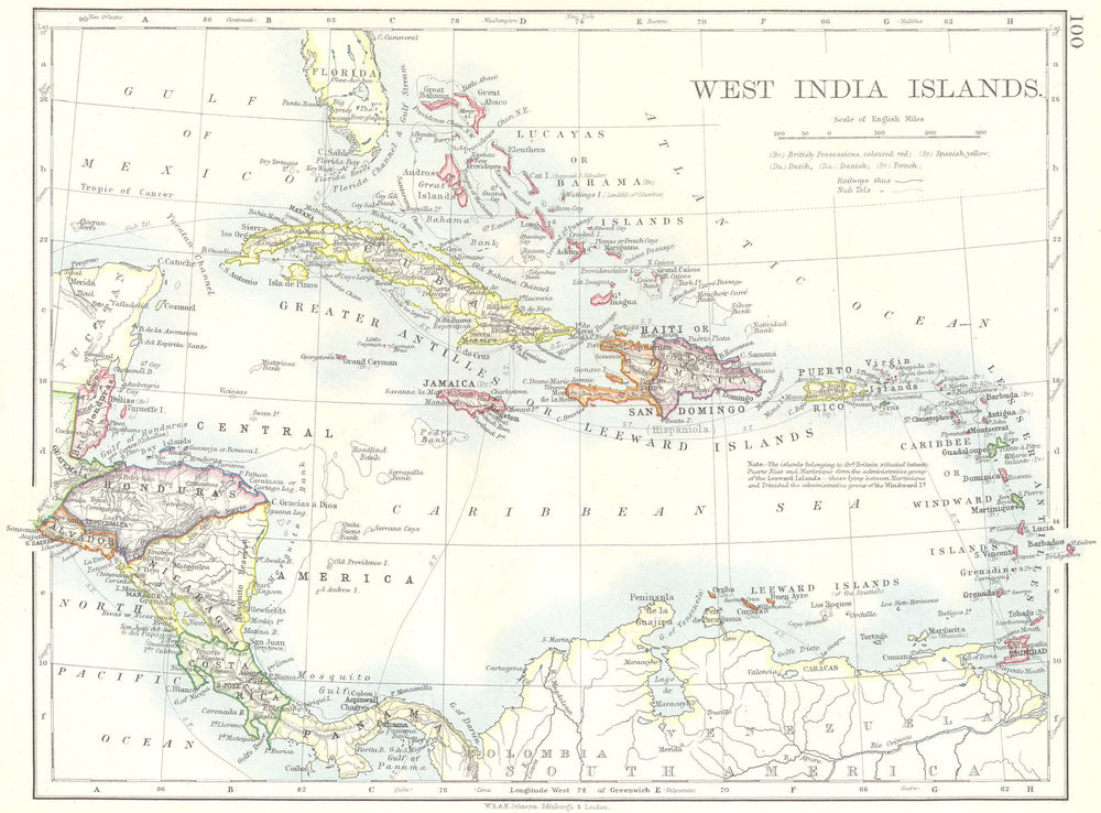 WEST INDIES. West India Islands Central America 1897 old antique map chart