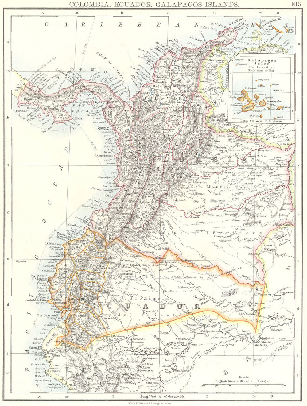 SOUTH AMERICA. Colombia, Ecuador; Galapagos Panama 1897 old antique map chart