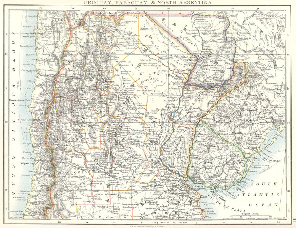 PARAGUAY. Uruguay, Paraguay & North Argentina; Chile 1897 old antique map