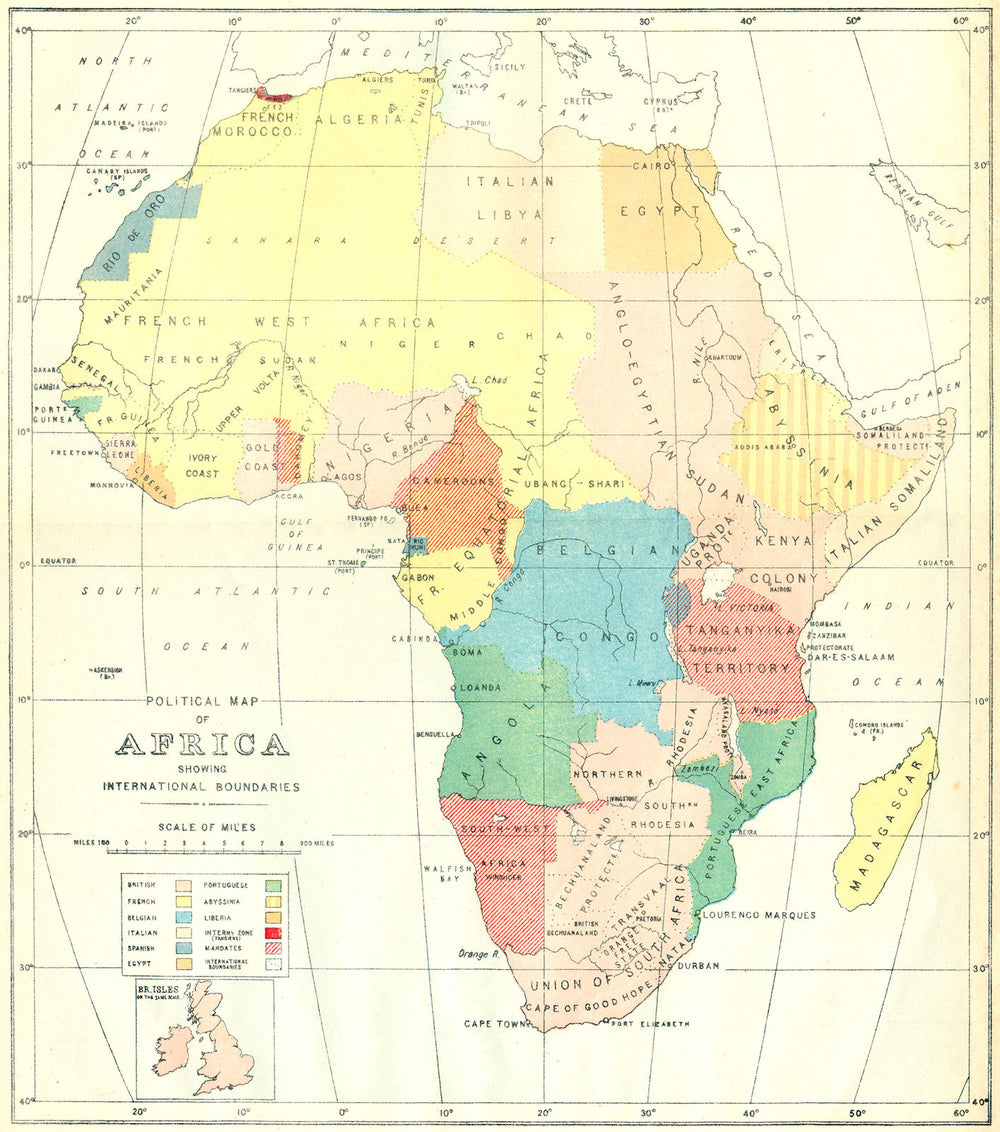 AFRICA. Political Map of showing International Boundaries 1936 old vintage