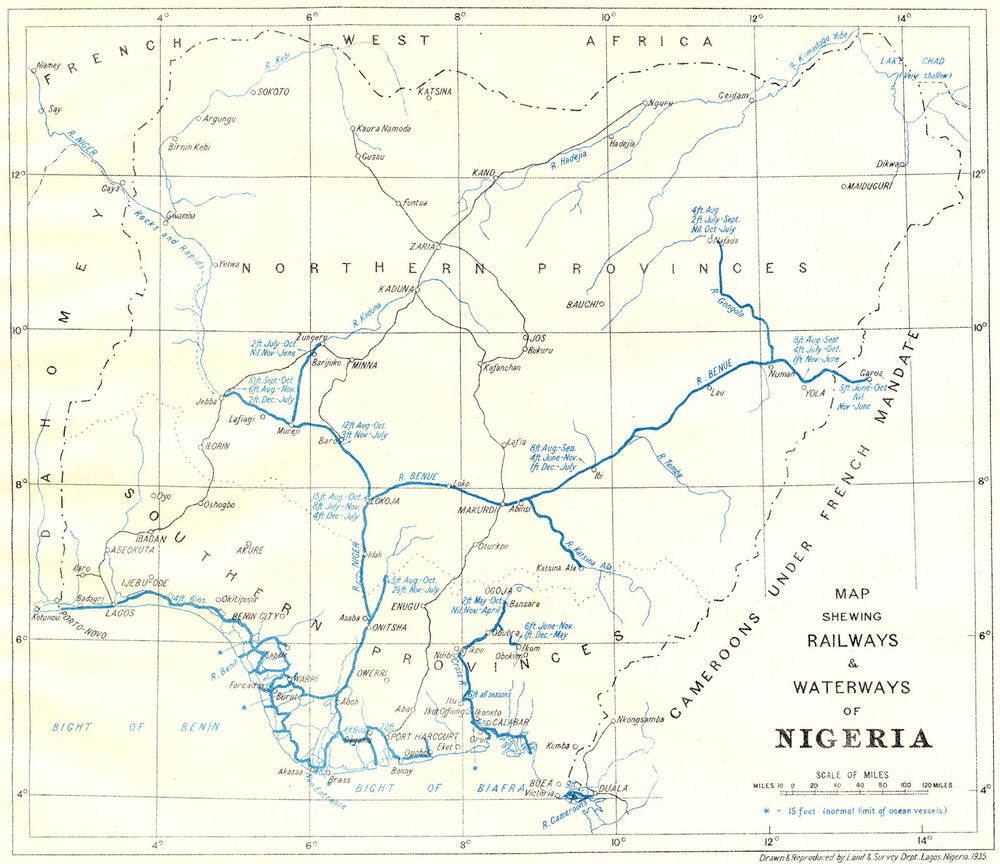 NIGERIA. Map shewing Railways & Waterways of Nigeria 1936 old vintage