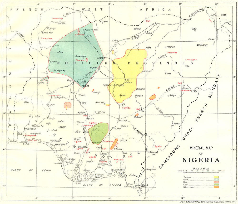 NIGERIA. Mineral Map of Nigeria 1936 old vintage plan chart