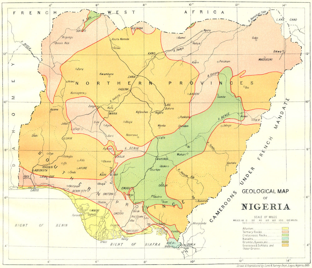 NIGERIA. Geological Map of Nigeria 1936 old vintage plan chart