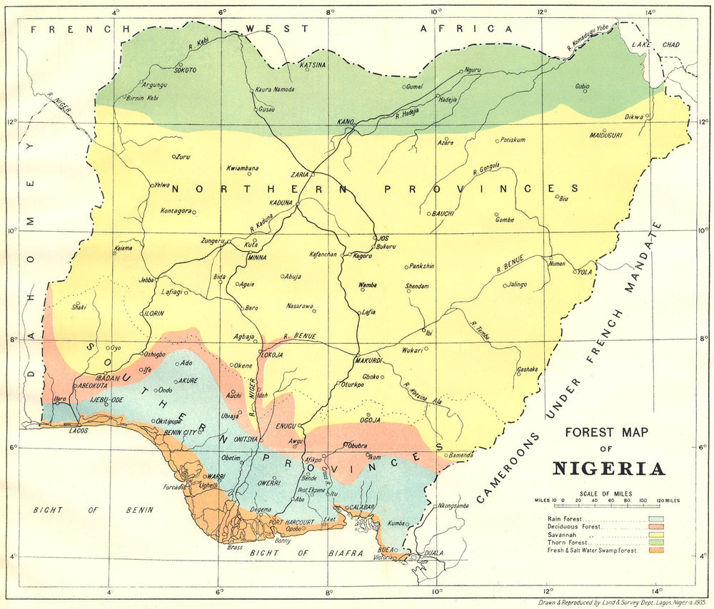 NIGERIA. Forest Map of Nigeria 1936 old vintage plan chart