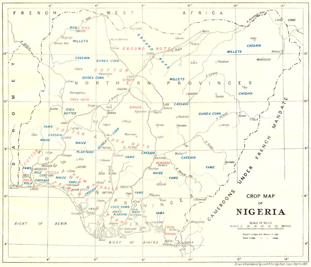 NIGERIA. Crop Map of Nigeria 1936 old vintage plan chart