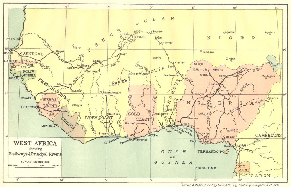 NIGERIA. West Africa showing Railways & Principal Rivers 1936 old vintage map
