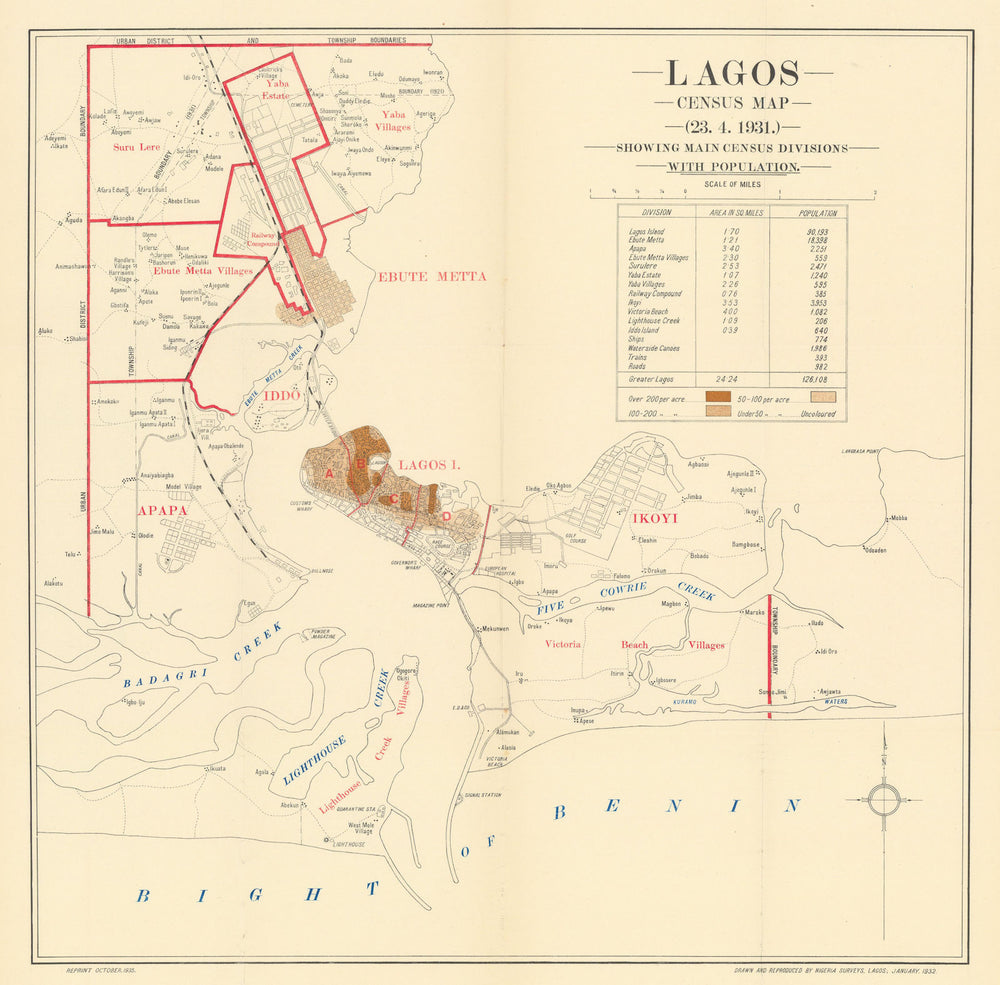 LAGOS CITY PLAN. 1931 Census map main divisions population. Nigeria 1936